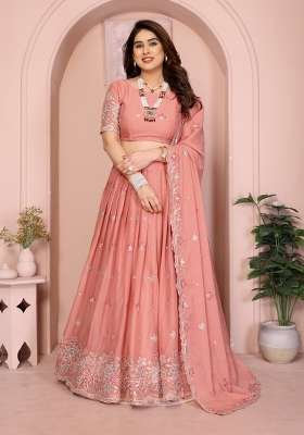 Peach Georgette Lehenga Set with Embroidery for Diwali | Wedding & Festive Wear