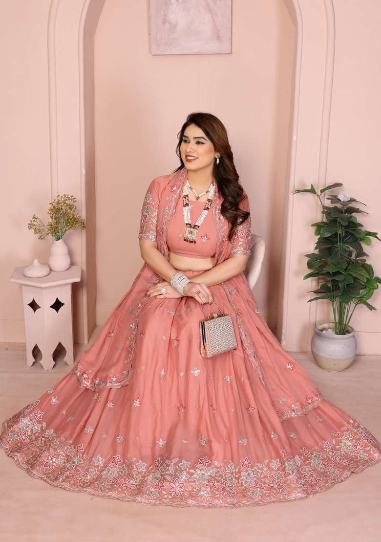 Peach Embroidery Georgette Lehenga Set - Indya