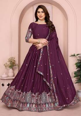 Wine Georgette Lehenga Set with Embroidery for Diwali | Wedding & Festive Wear