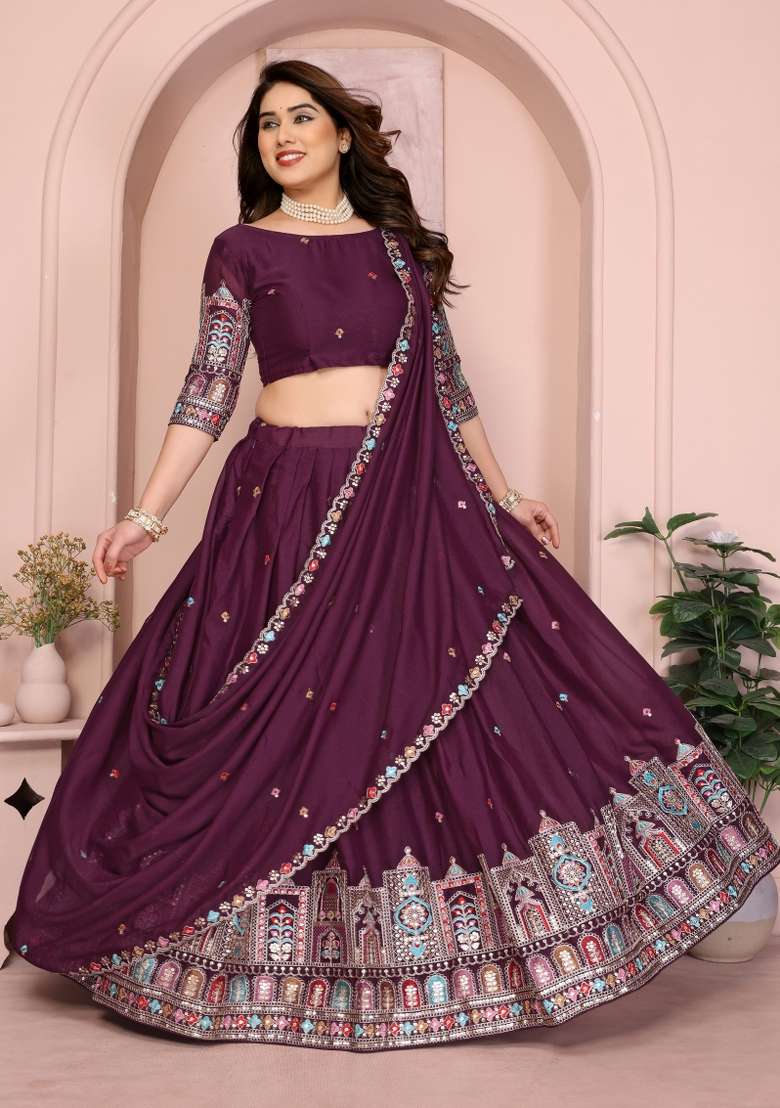 Wine Embroidery Georgette Lehenga Set - Indya