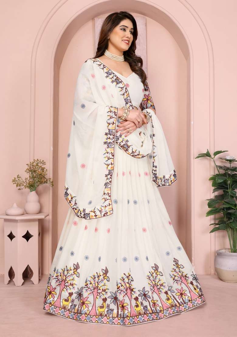 White Embroidery Georgette Lehenga Set - Indya