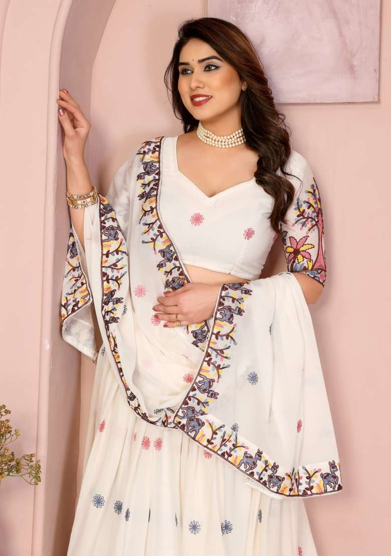 White Embroidery Georgette Lehenga Set - Indya