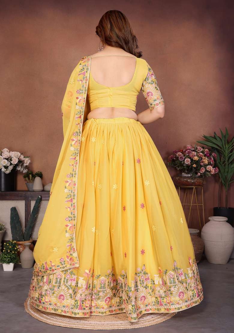 Yellow Georgette Lehenga Set with Embroidery for Diwali | Wedding & Festive Wear - Indya
