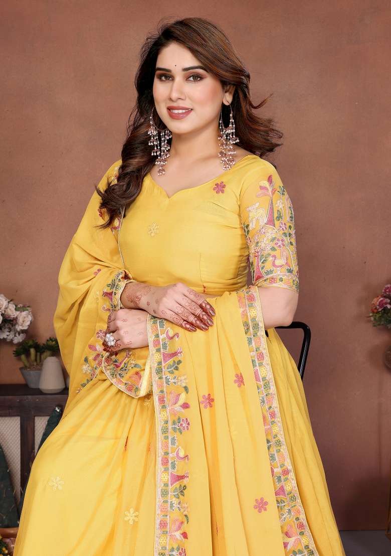 Yellow Embroidery Georgette Lehenga Set - Indya