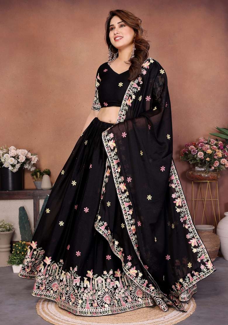 Black Embroidery Georgette Lehenga Set - Indya