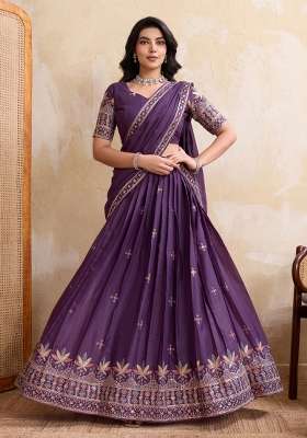 Purple Embroidery Georgette Lehenga Set for Diwali and Festive Wear