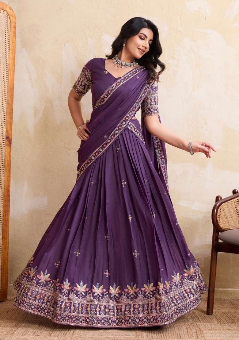 Purple Embroidery Georgette Lehenga Set - Indya
