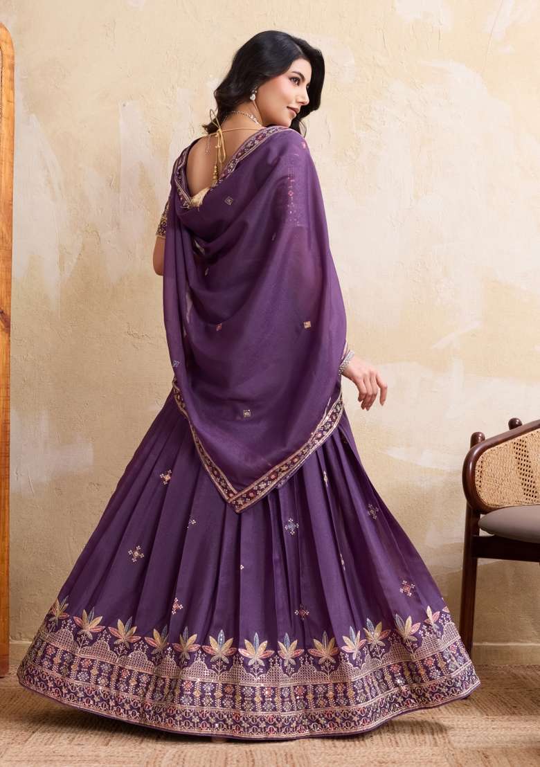 Purple Embroidery Georgette Lehenga Set for Diwali and Festive Wear - Indya