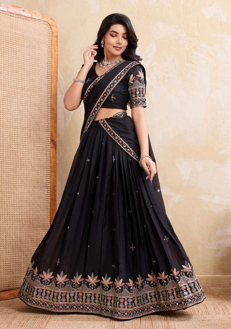 Black Embroidery Georgette Lehenga Set - Indya