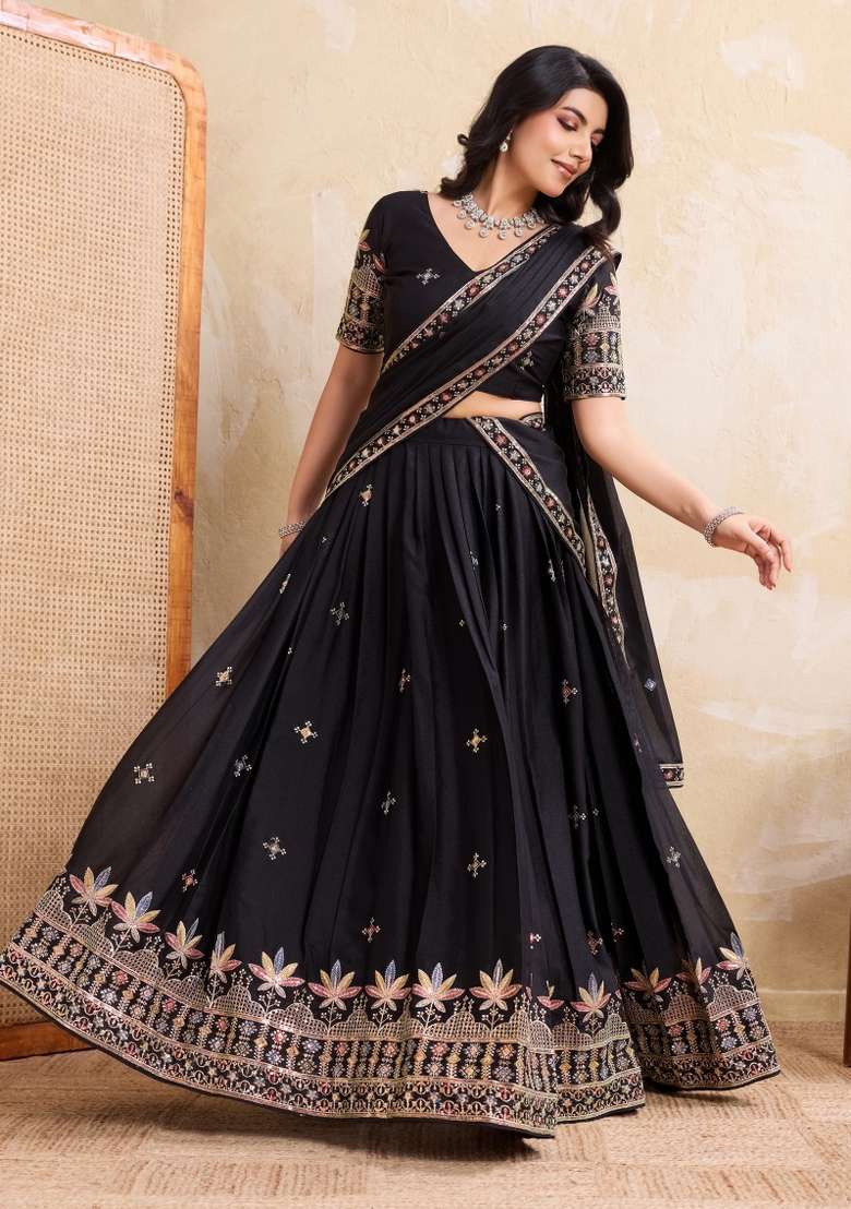 Black Embroidery Georgette Lehenga Set - Indya