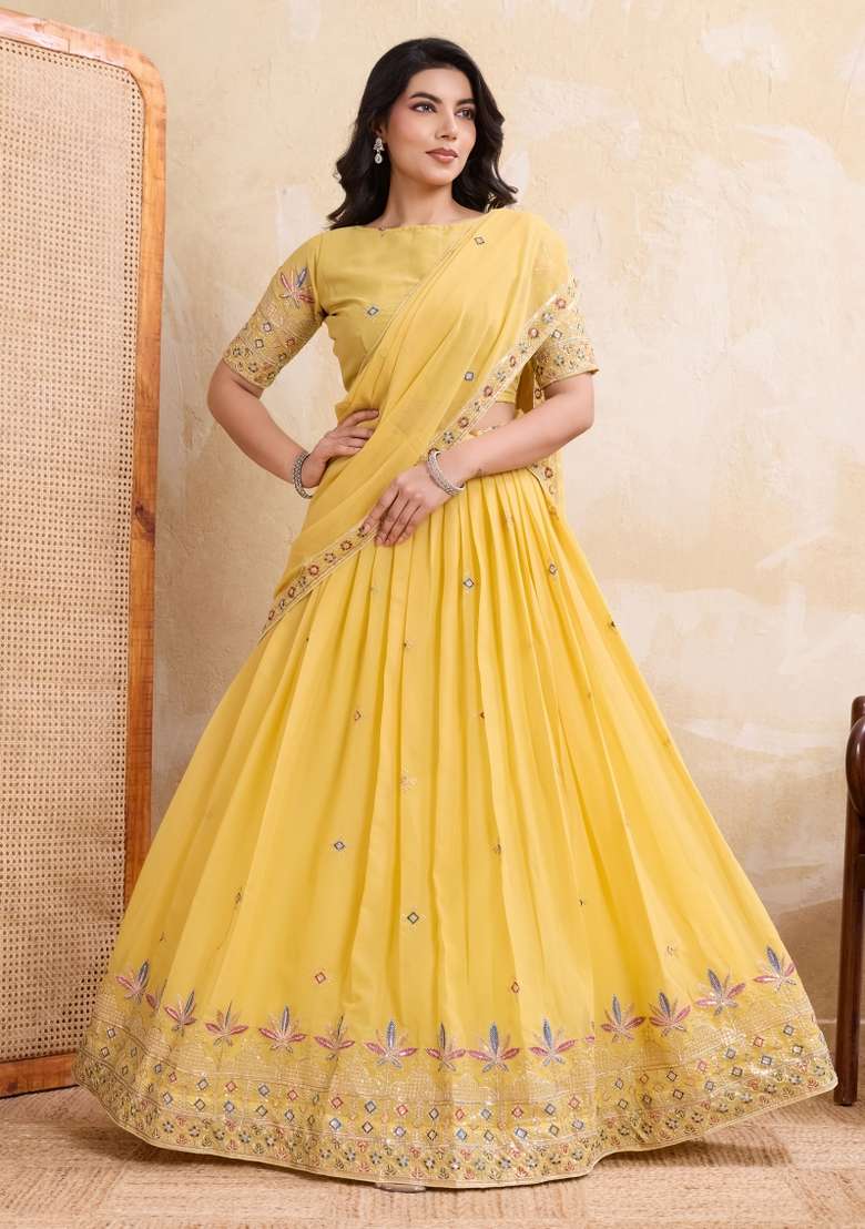 Yellow Embroidery Georgette Lehenga Set for Diwali and Festive Wear - Indya