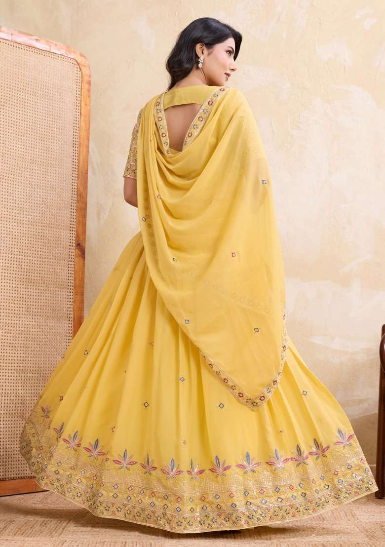 Yellow Embroidery Georgette Lehenga Set for Diwali and Festive Wear - Indya