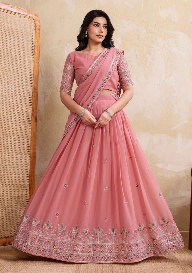 Pink Georgette Lehenga Set with Embroidery for Diwali | Wedding & Festive Wear - Indya