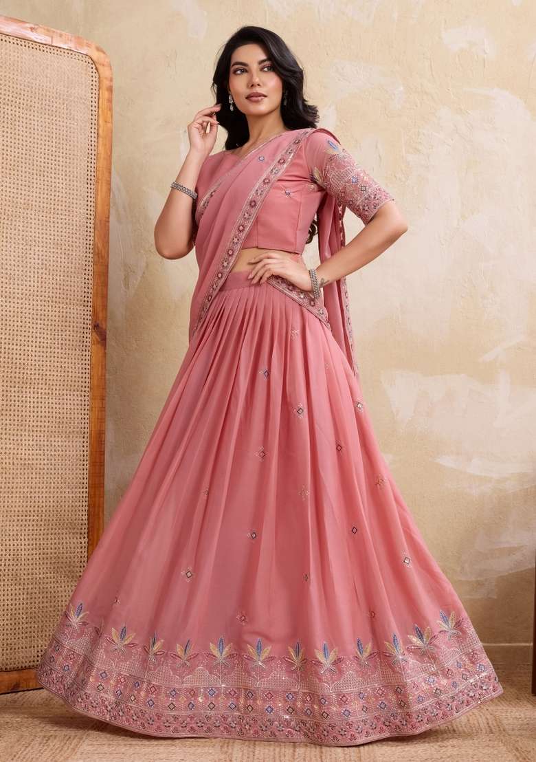 Pink Embroidery Georgette Lehenga Set - Indya