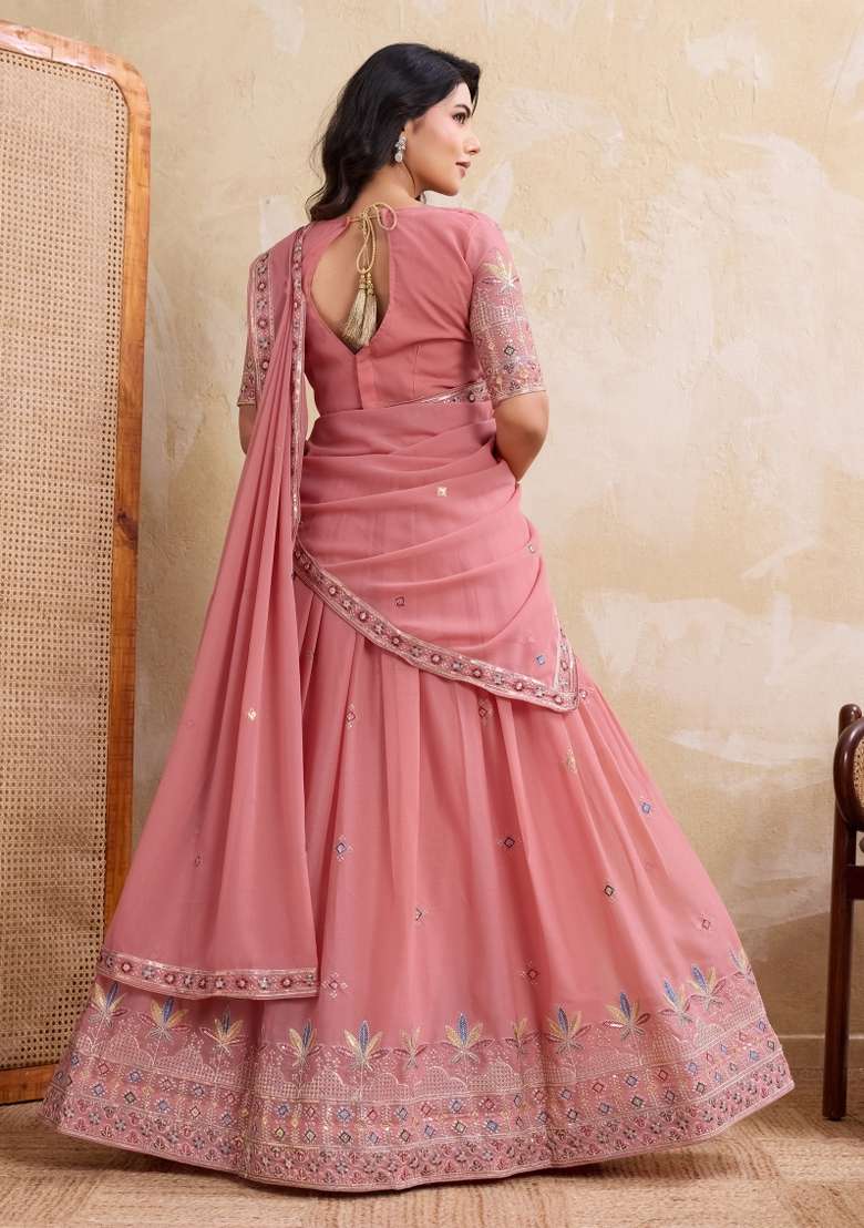 Pink Georgette Lehenga Set with Embroidery for Diwali | Wedding & Festive Wear - Indya