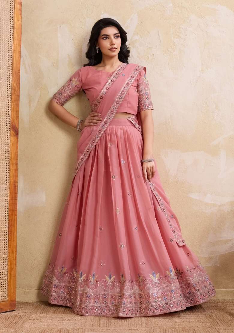 Pink Embroidery Georgette Lehenga Set - Indya