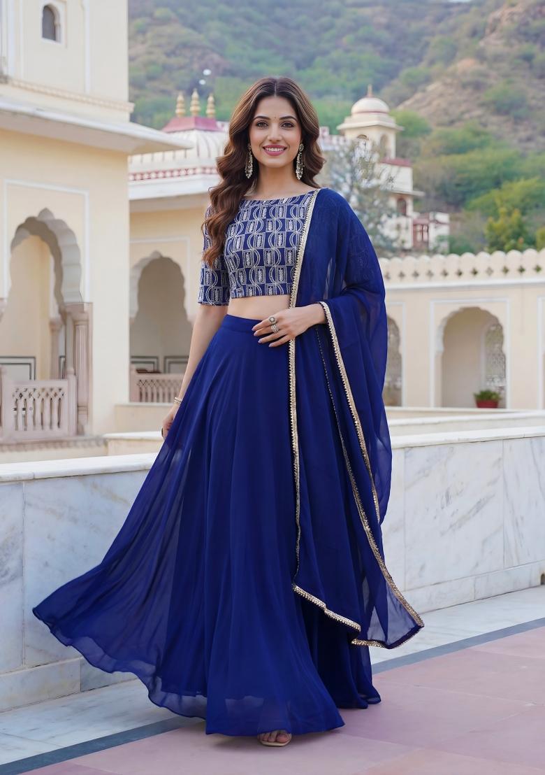 Blue Thread Work Georgette Lehenga Set - Indya