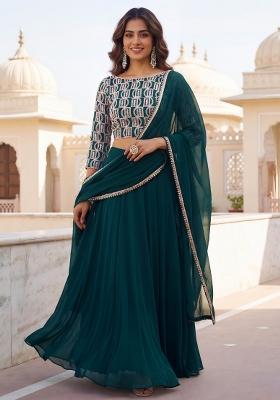 Green Thread Work Georgette Lehenga Set