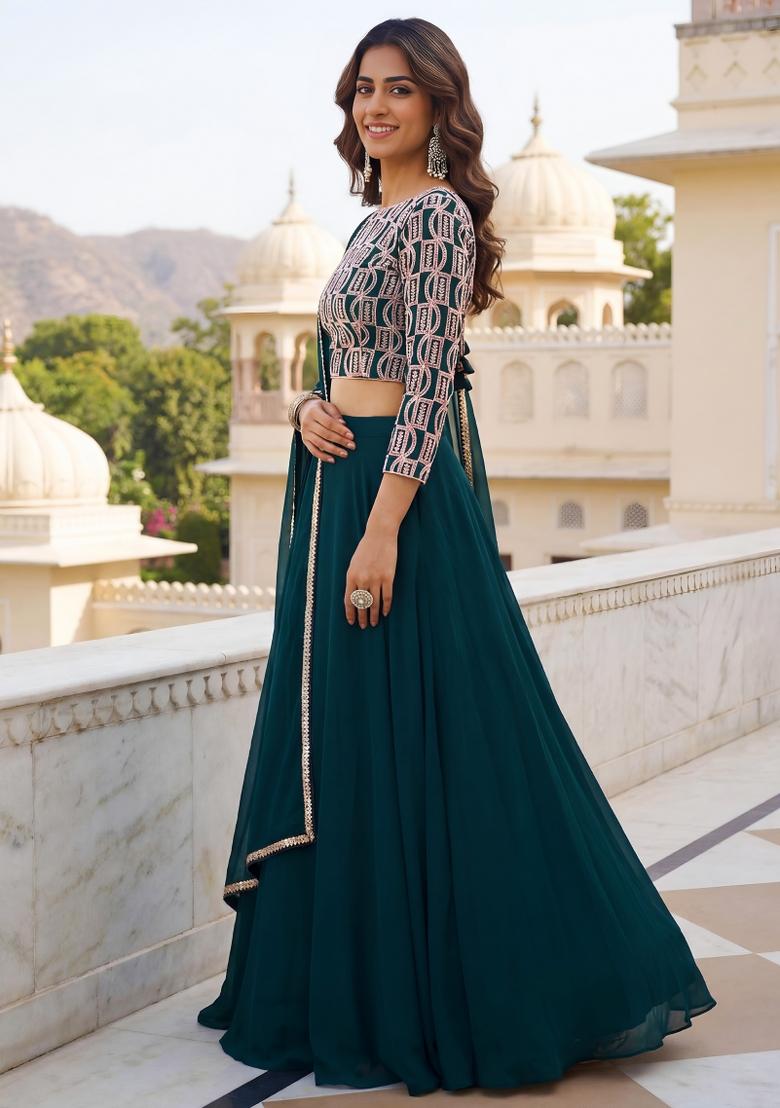 Green Thread Work Georgette Lehenga Set - Indya