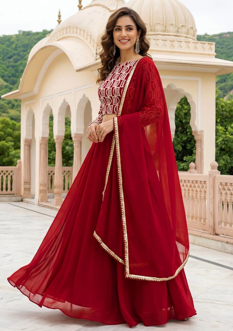 Red Thread Work Georgette Lehenga Set - Indya