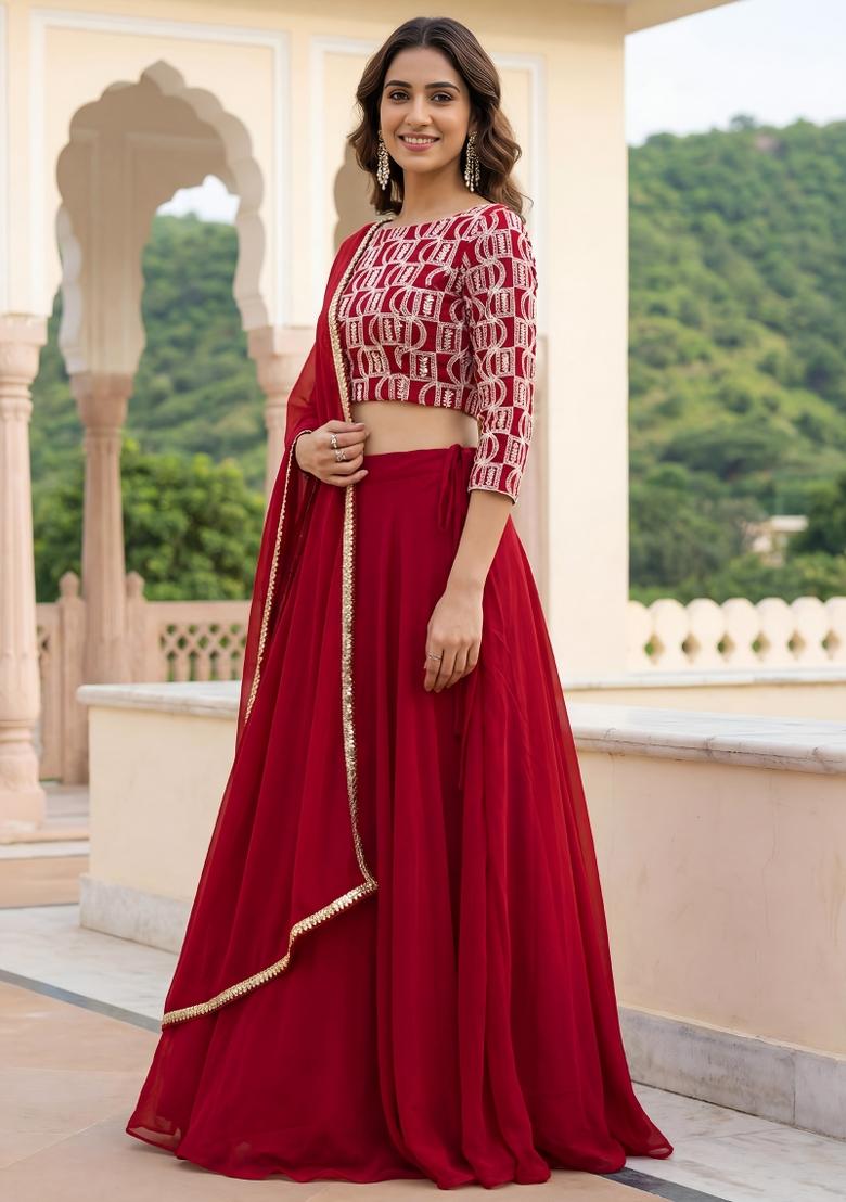Red Thread Work Georgette Lehenga Set - Indya