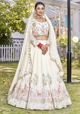 Off White Sequin Work Vichitra Lehenga Set