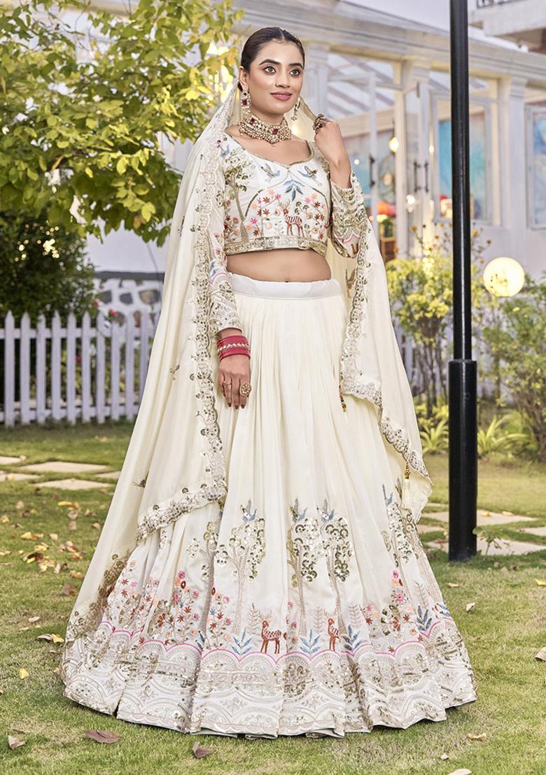 Off White Sequin Work Vichitra Lehenga Set - Indya