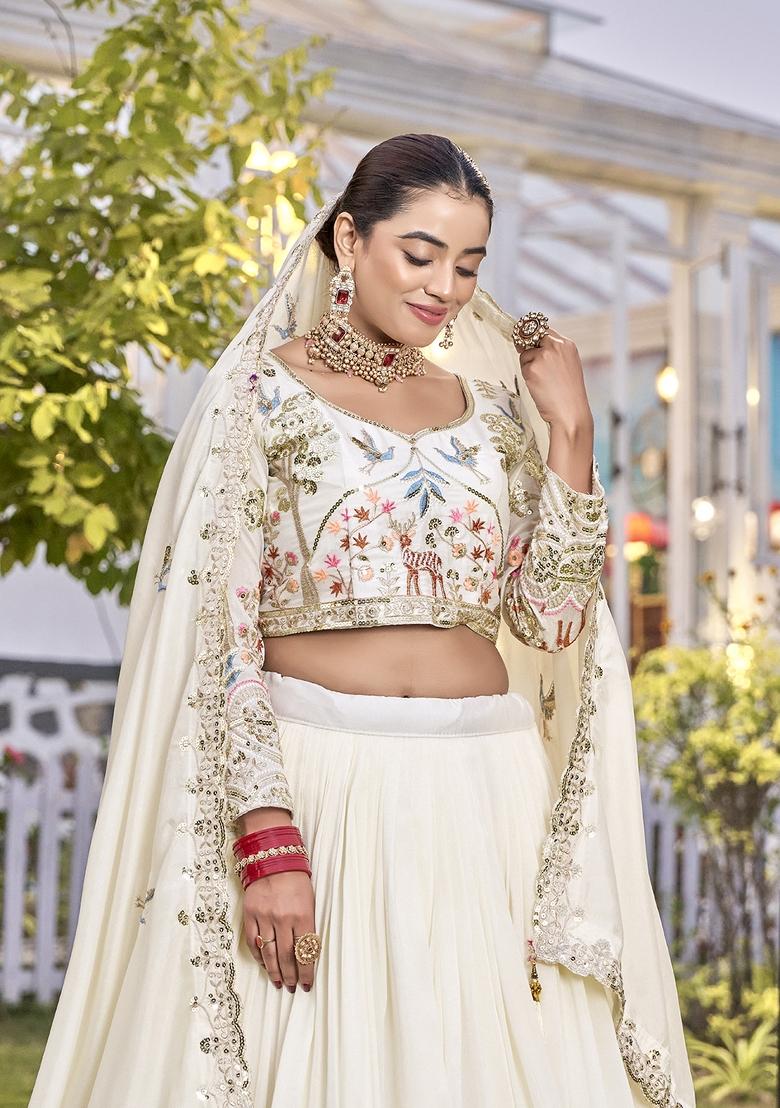 Off White Sequin Work Vichitra Lehenga Set - Indya