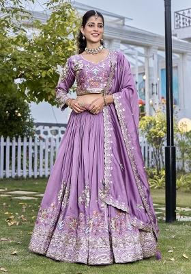Lavender Sequin Work Vichitra Lehenga Set