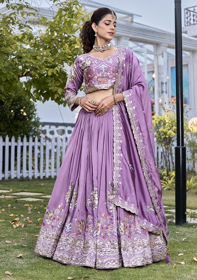 Lavender Sequin Work Vichitra Lehenga Set - Indya