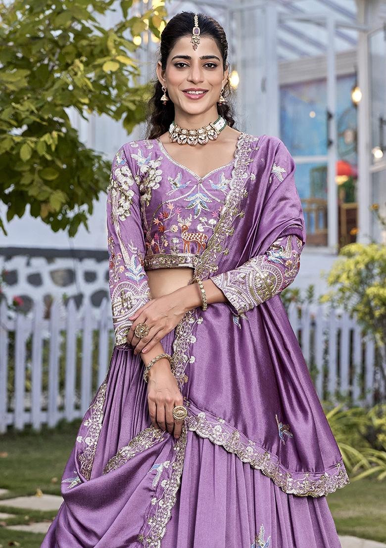 Lavender Sequin Work Vichitra Lehenga Set - Indya