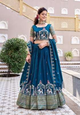 Teal Work Vichitra Lehenga Set with Sequin for Diwali | Wedding & Festive Wear