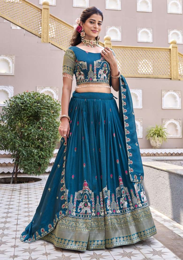 Teal Sequin Work Vichitra Lehenga Set - Indya