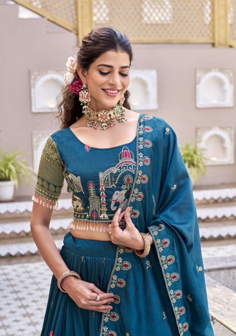 Teal Sequin Work Vichitra Lehenga Set - Indya
