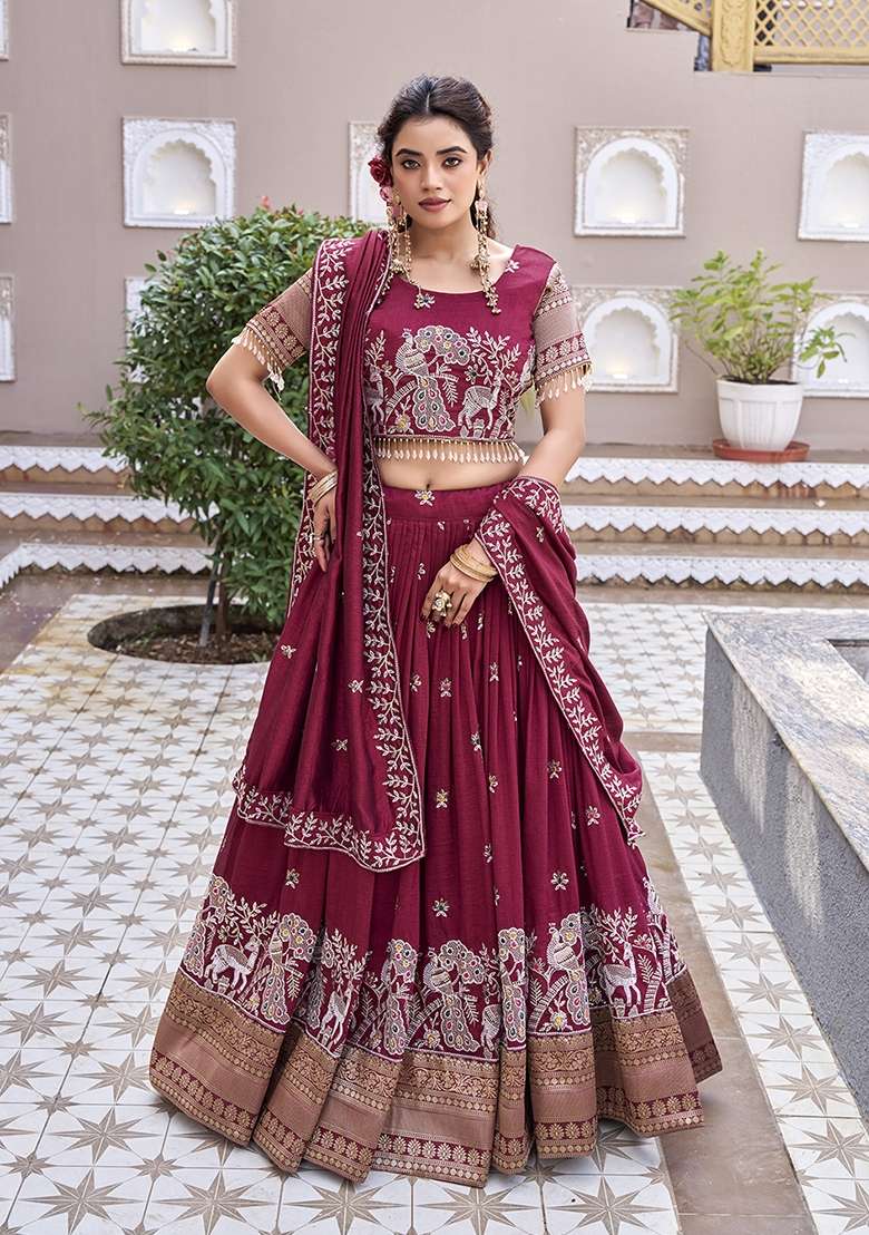 Maroon Sequin Work Vichitra Lehenga Set for Diwali and Festive Wear - Indya