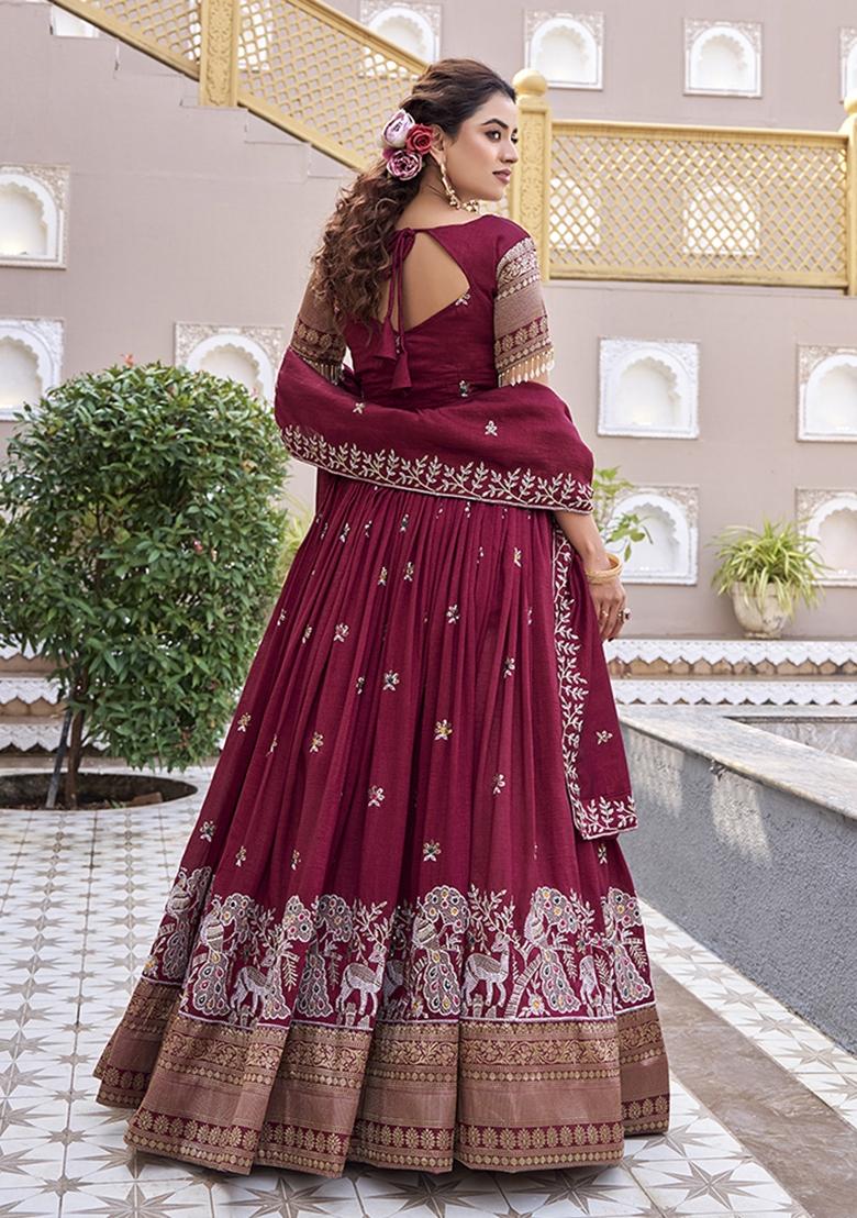 Maroon Sequin Work Vichitra Lehenga Set - Indya