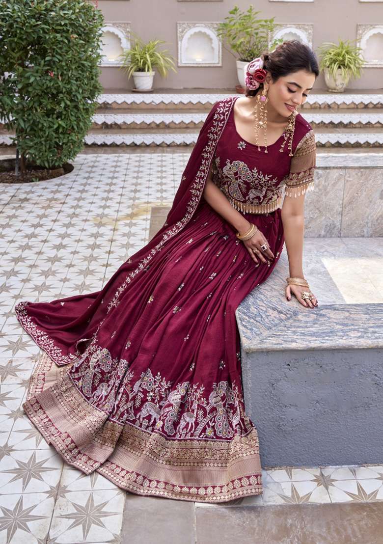 Maroon Sequin Work Vichitra Lehenga Set for Diwali and Festive Wear - Indya