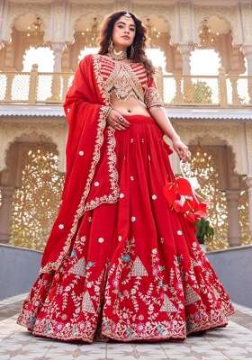 Red Embroidery Vichitra Lehenga Set for Diwali and Festive Wear
