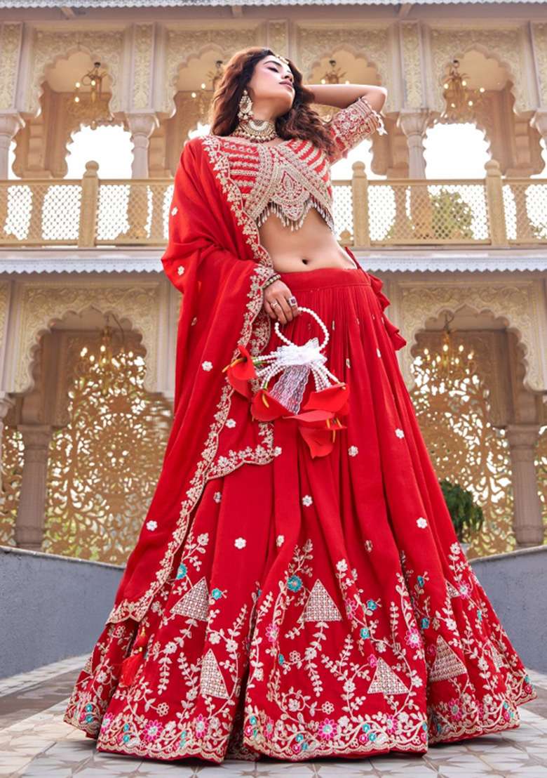 Red Embroidery Vichitra Lehenga Set - Indya