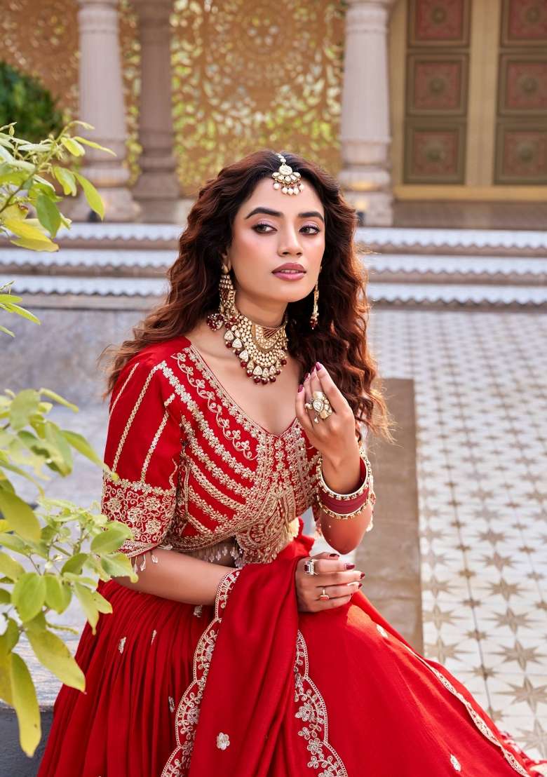 Red Embroidery Vichitra Lehenga Set - Indya