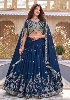 Royal Blue Embroidery Vichitra Lehenga Set for Diwali and Festive Wear
