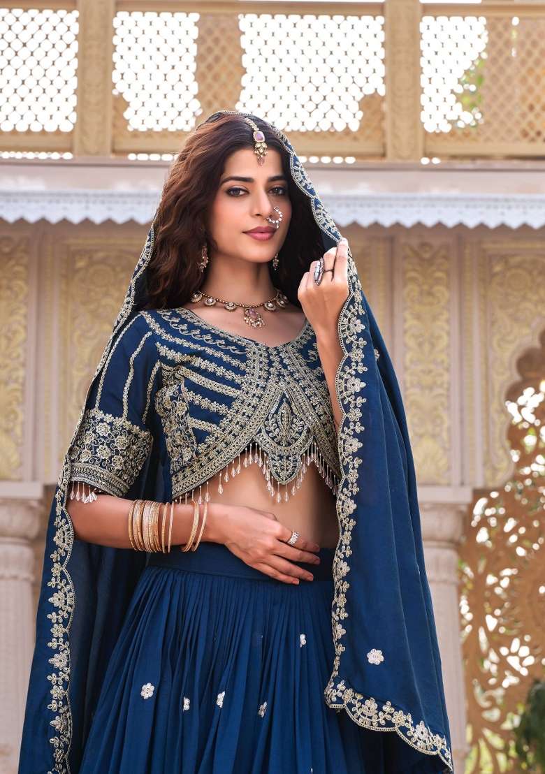 Royal Blue Embroidery Vichitra Lehenga Set - Indya