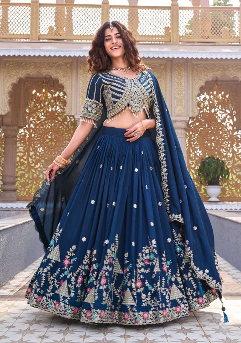 Royal Blue Embroidery Vichitra Lehenga Set - Indya