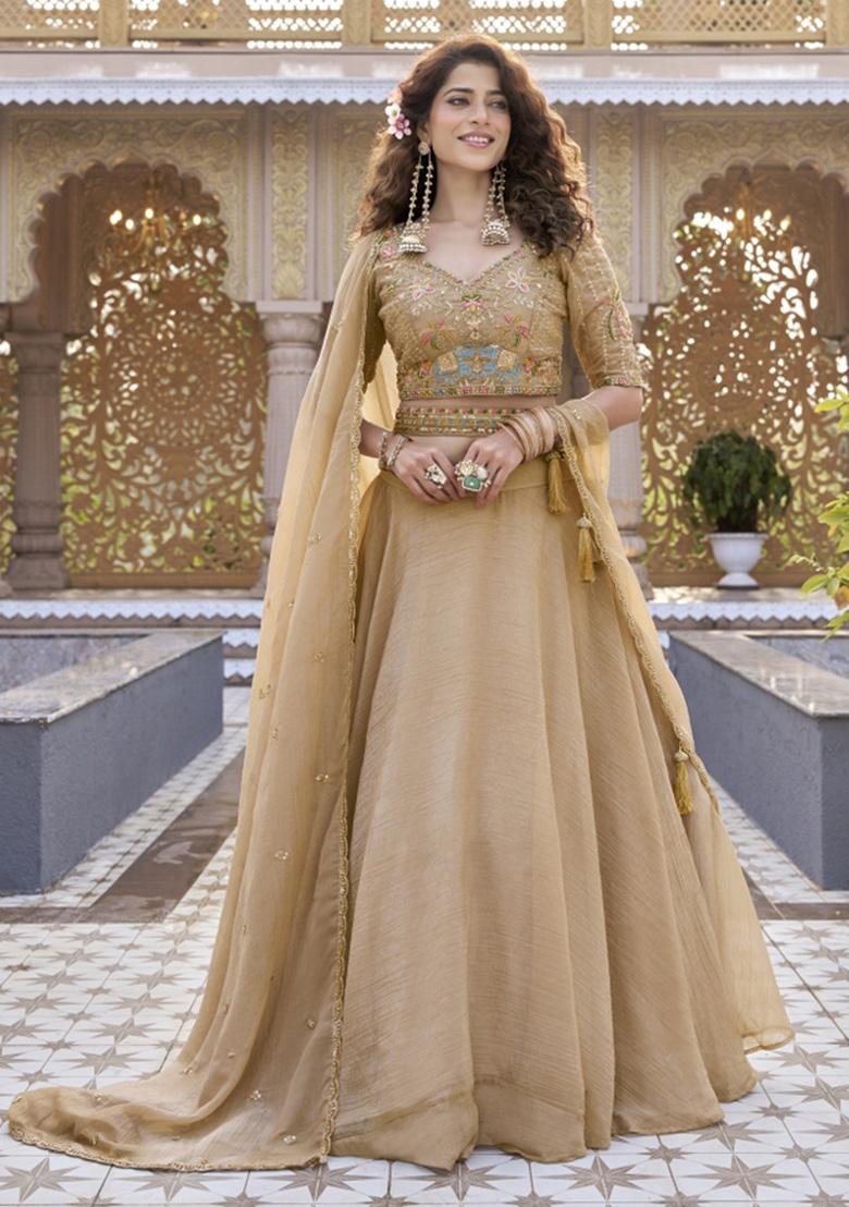 Golden Sequin Work Crunchy Lehenga Set - Indya