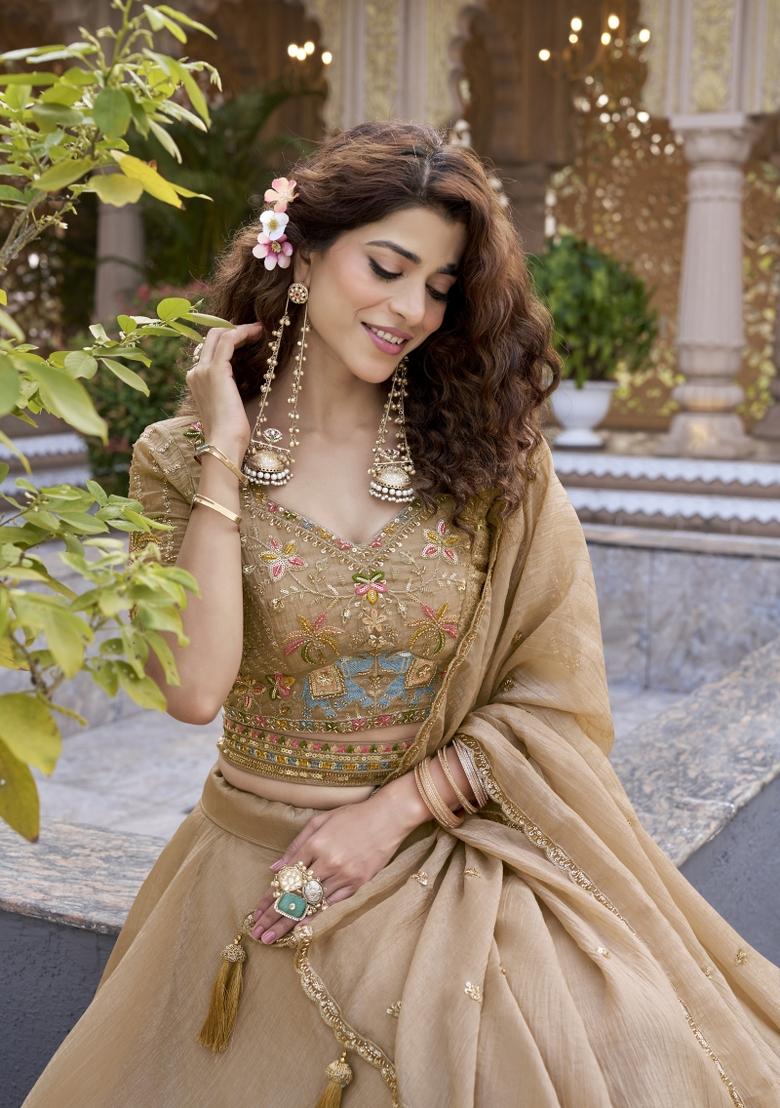 Golden Sequin Work Crunchy Lehenga Set - Indya