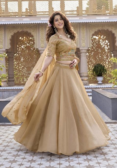 Golden Sequin Work Crunchy Lehenga Set