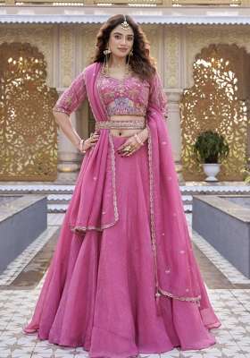 Pink Work Crunchy Lehenga Set with Sequin for Diwali | Wedding & Festive Wear