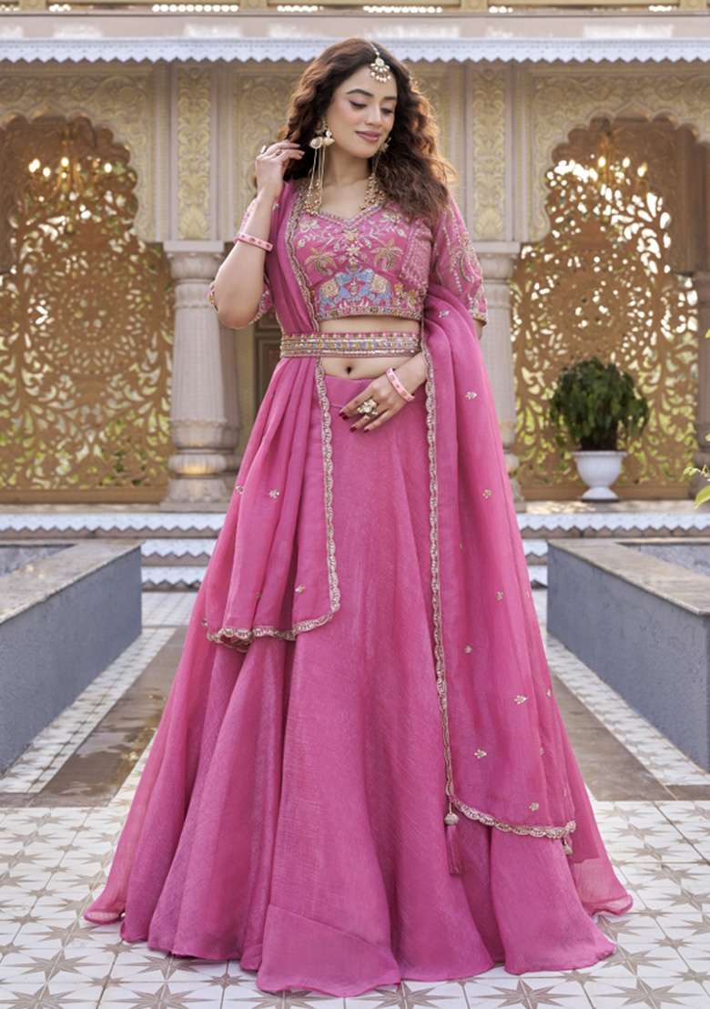 Pink Sequin Work Crunchy Lehenga Set - Indya