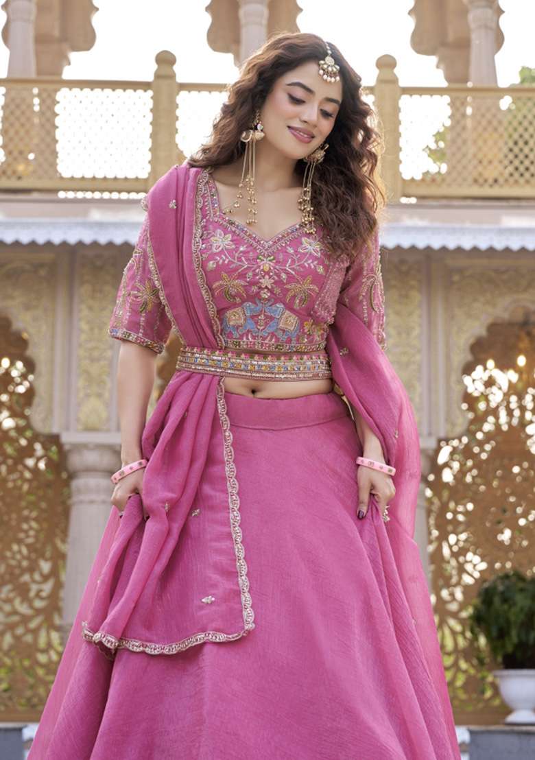 Pink Sequin Work Crunchy Lehenga Set - Indya