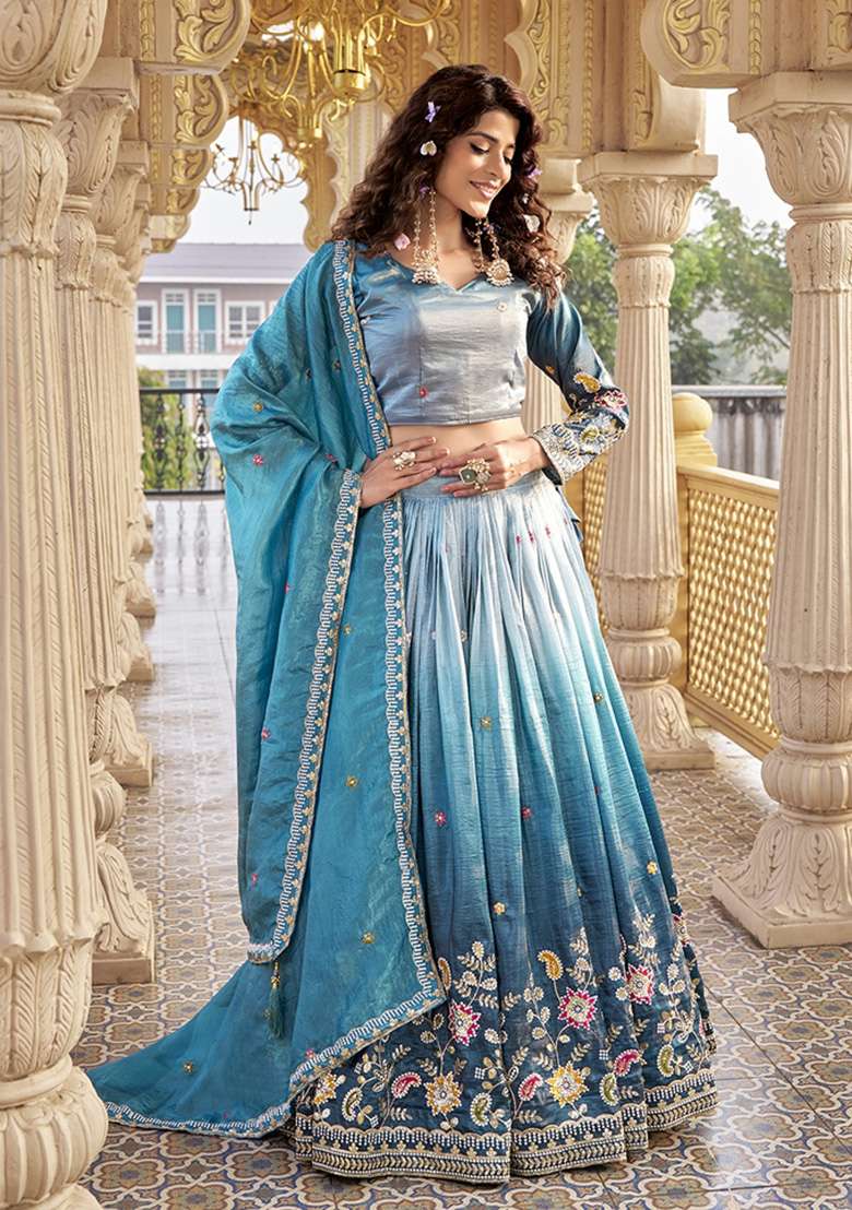 Sea Green Sequin Work Crush Lehenga Set - Indya
